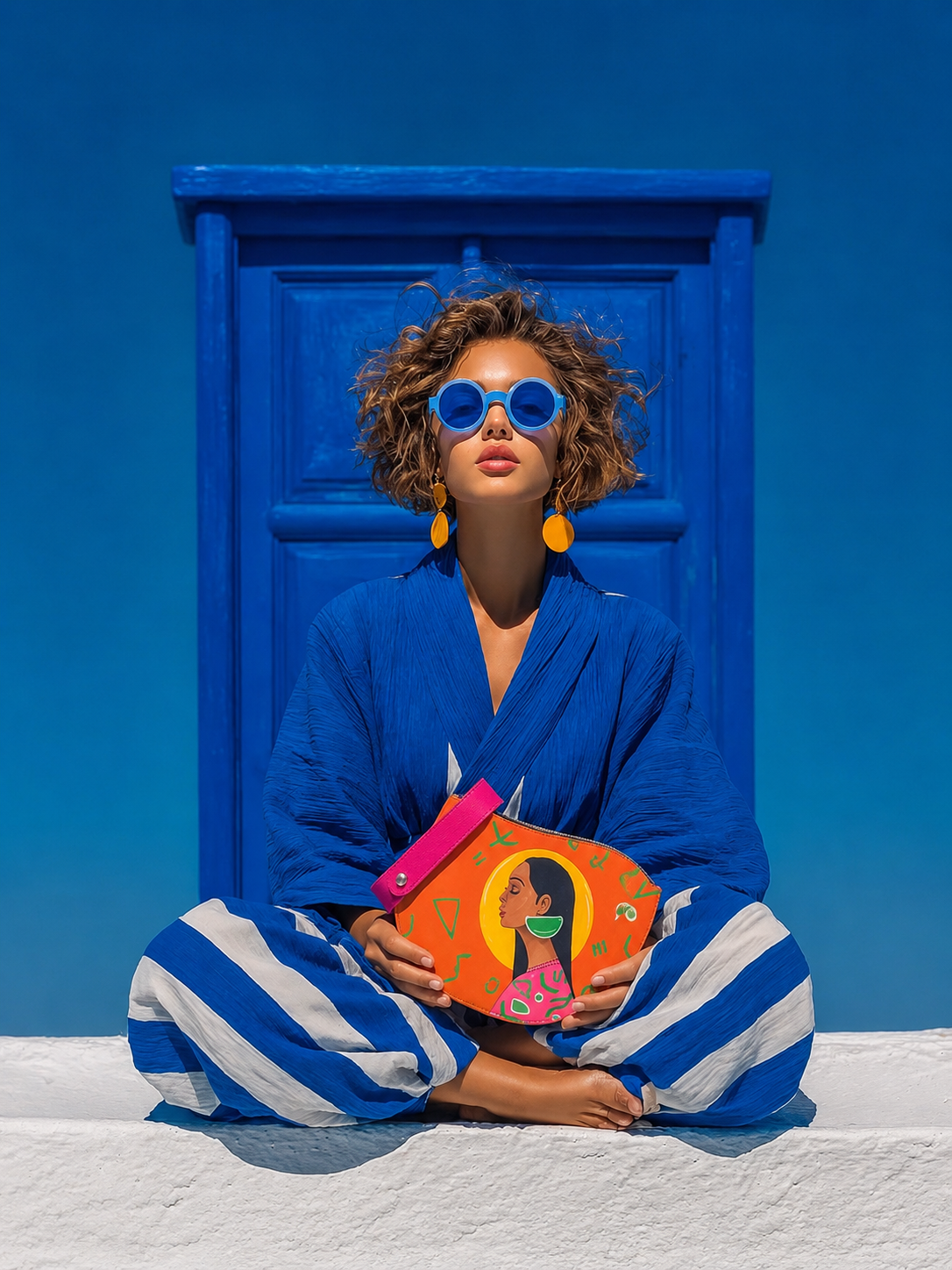 Woman in blue carrying a hand-painted SHARENA bag