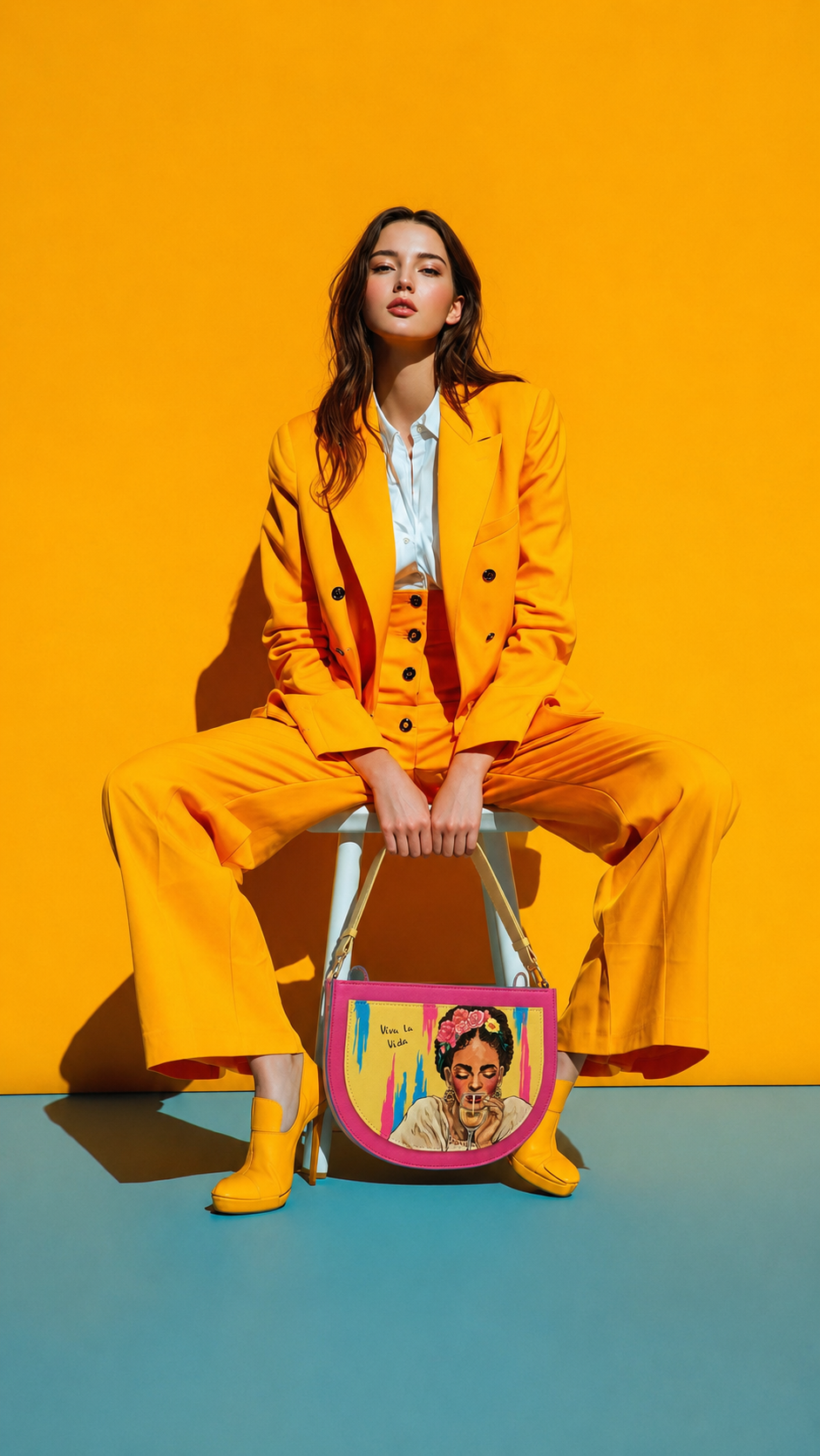 Woman in a yellow suit carrying a Frida Kahlo art bag